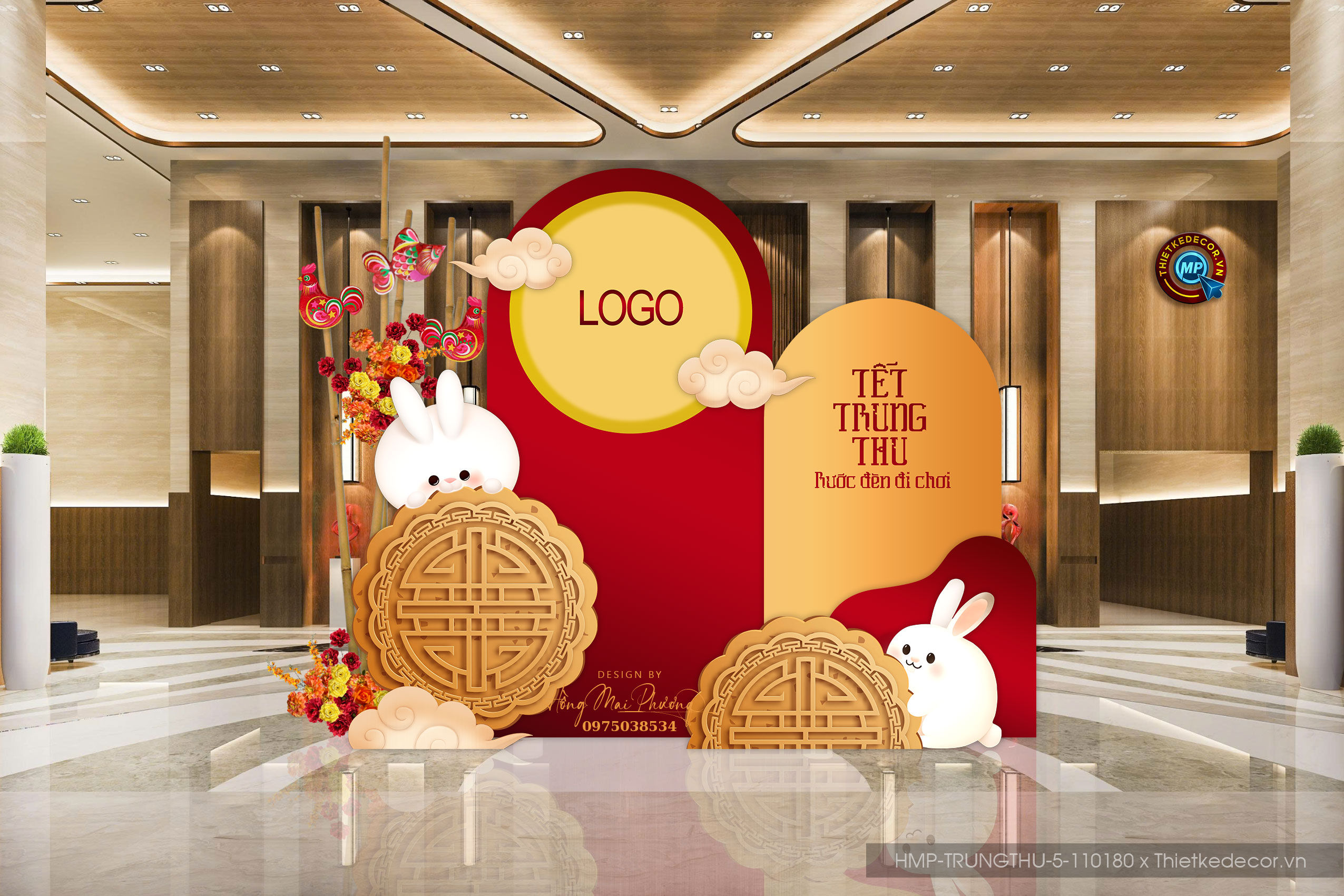 File thiết kế trung thu tone đỏ vàng, bé thỏ ôm bánh.